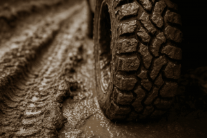 Крупный план грязевой шины на влажной грунтовке