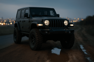 Лифтованный внедорожник на границе города и грунтовки