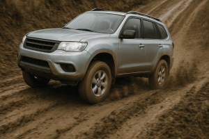 Внедорожник 4x4 поднимается по грязному подъему все колеса в работе