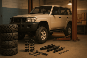 Внедорожник в гараже рядом стопки разных шин и детали подвески